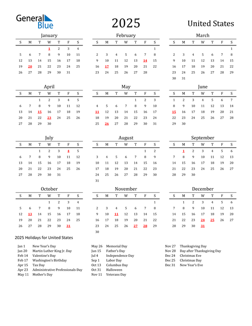 United States Holidays Calendar for 2025