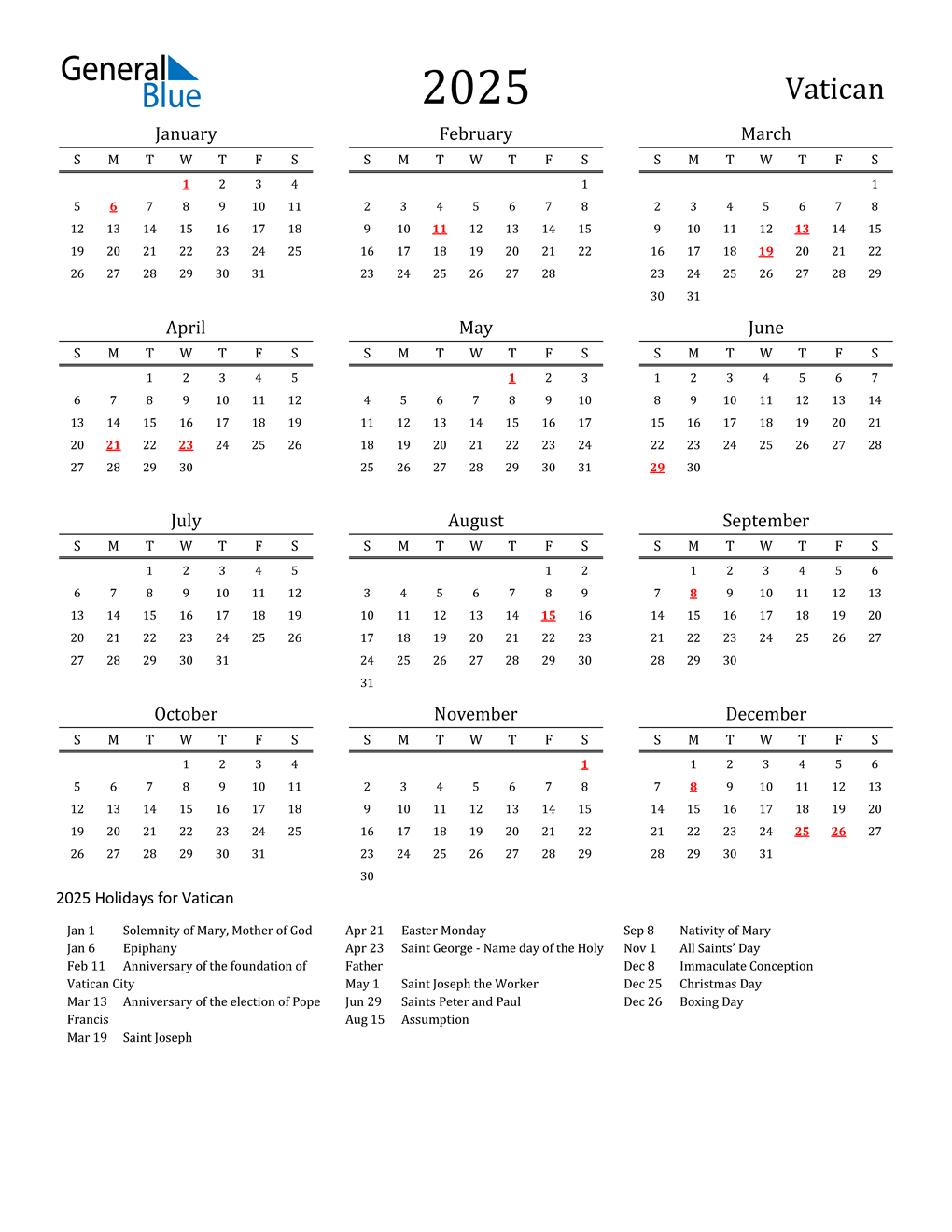 2025 Vatican Calendar with Holidays