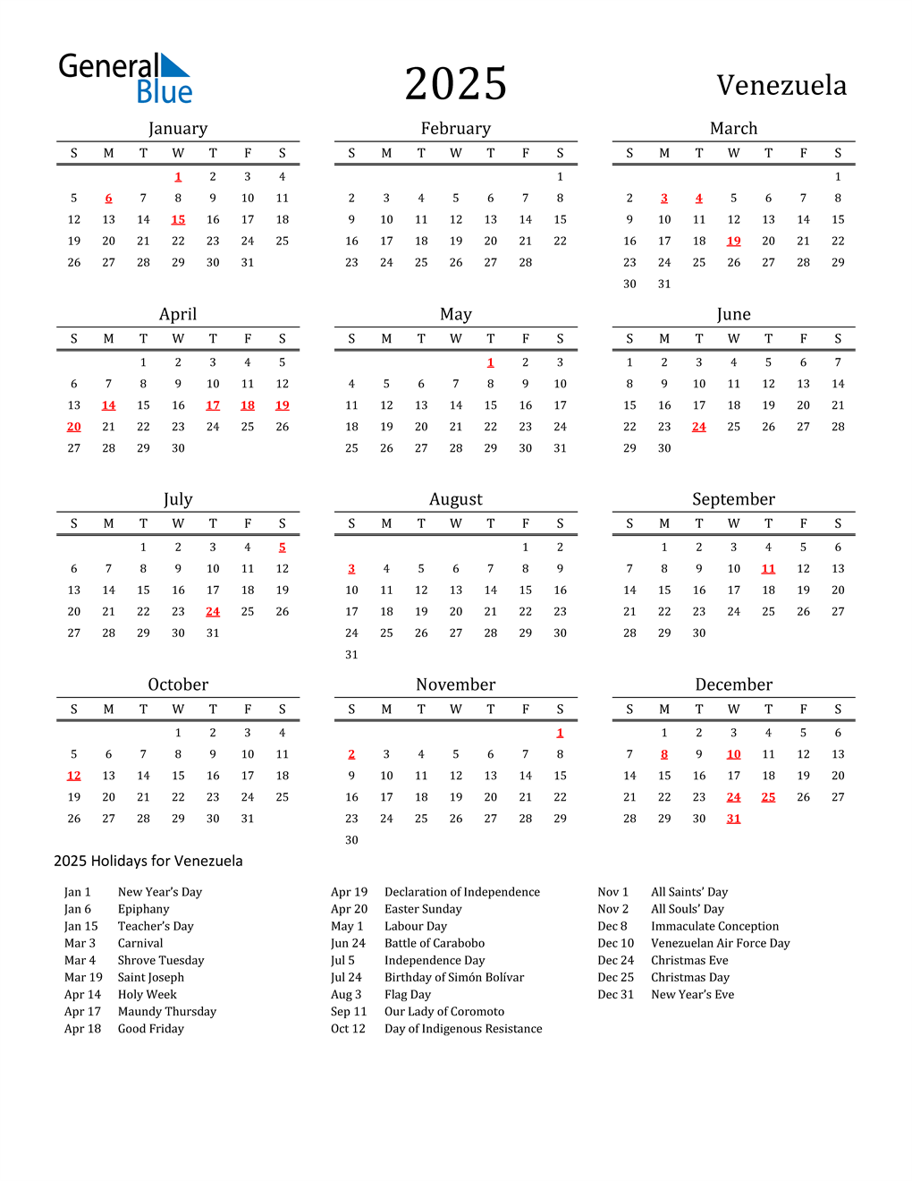 2025 Venezuela Calendar with Holidays