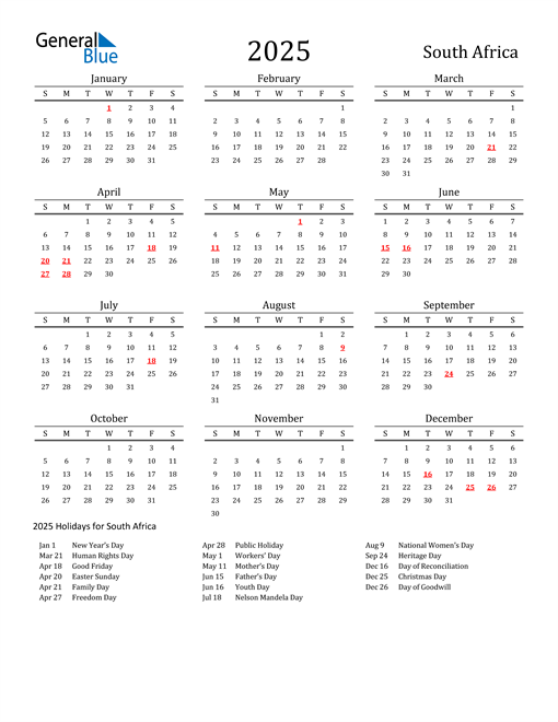 December 2025 Calendar South Africa 