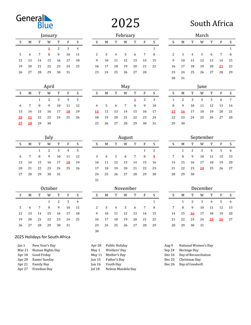 2025 South Africa Calendar With Holidays