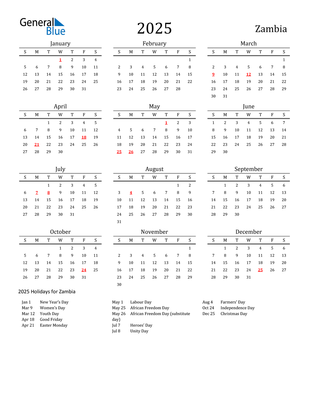 2025 Zambia Calendar with Holidays