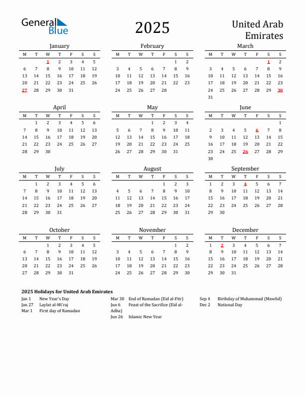 United Arab Emirates Holidays Calendar for 2025