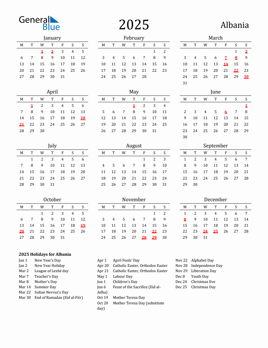 Free Albania Holidays Calendar for Year 2025