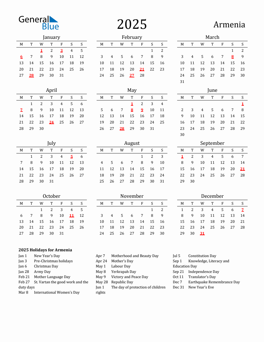 Free Armenia Holidays Calendar for Year 2025