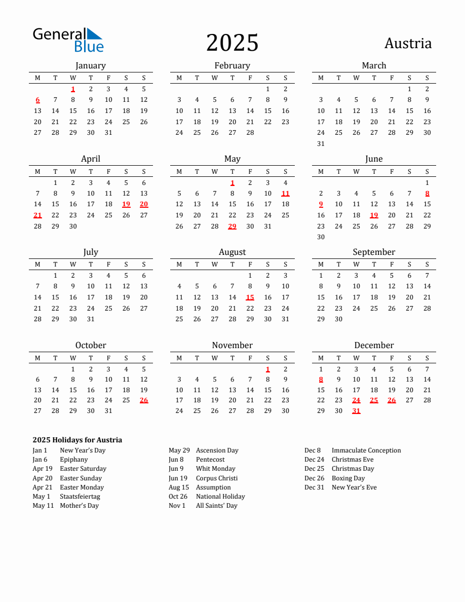 Free Austria Holidays Calendar for Year 2025