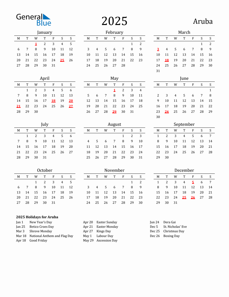 Free Aruba Holidays Calendar for Year 2025