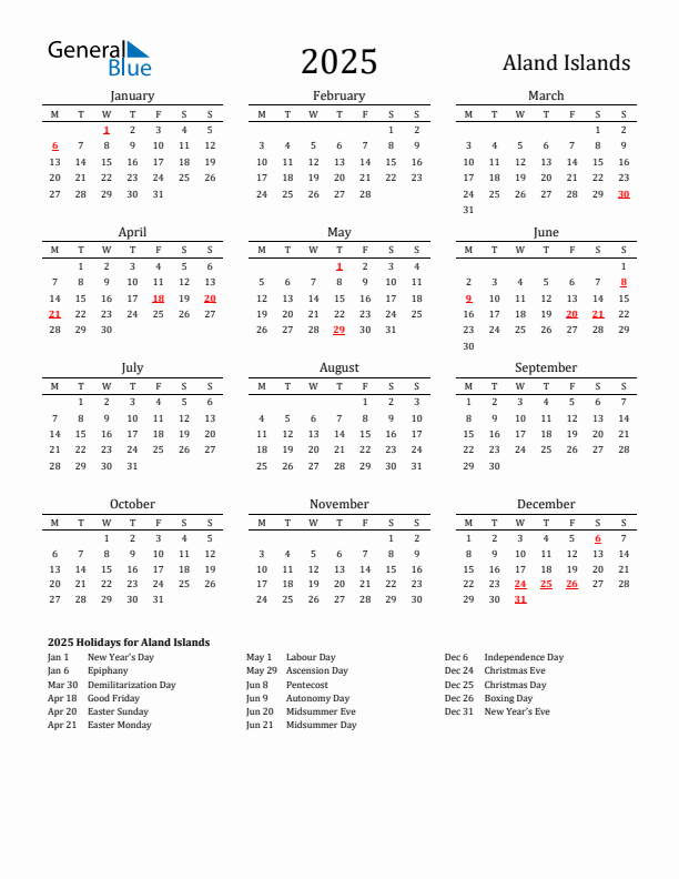 Aland Islands Holidays Calendar for 2025