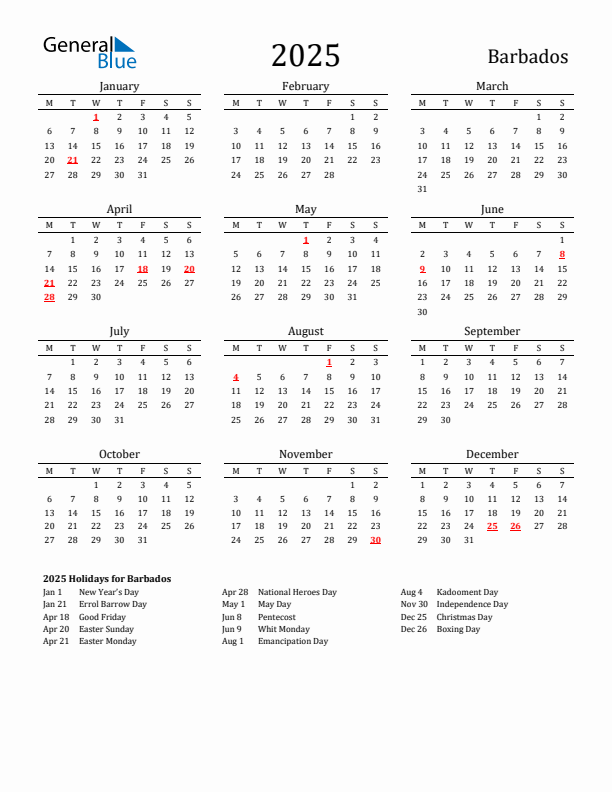 Barbados Holidays Calendar for 2025