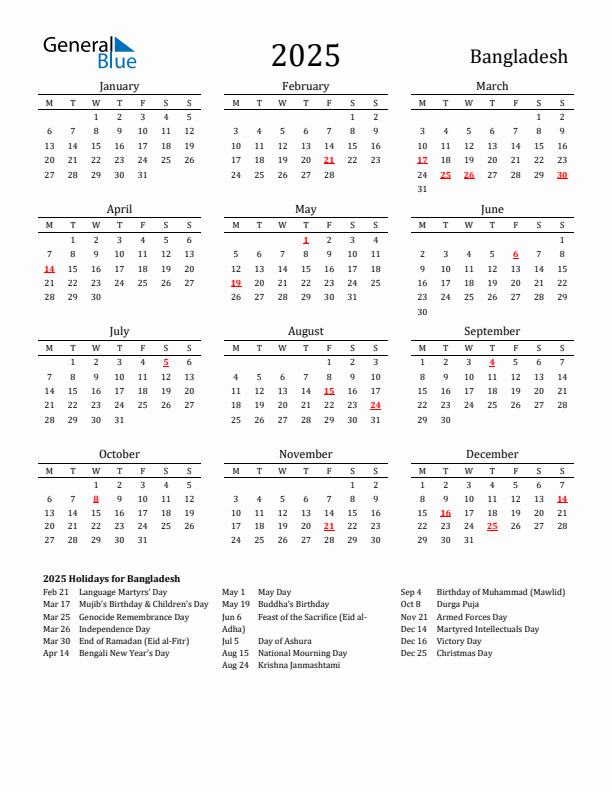 Bangladesh Holidays Calendar for 2025