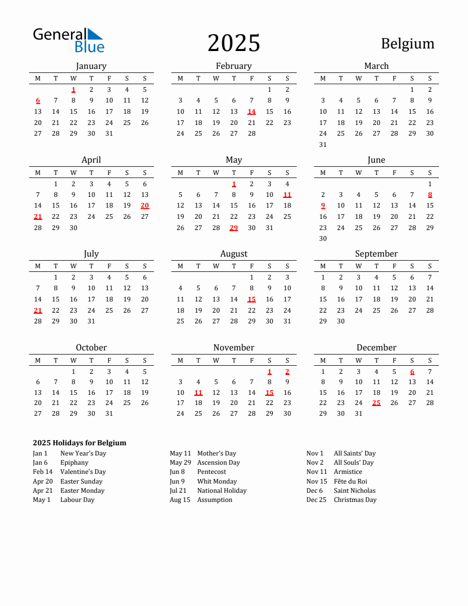 Free Belgium Holidays Calendar for Year 2025