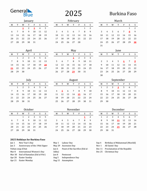 Burkina Faso Holidays Calendar for 2025