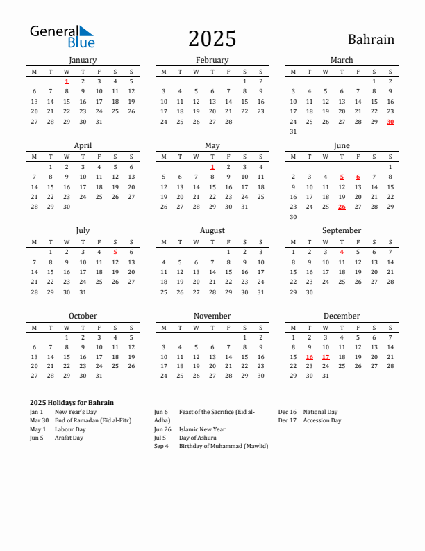 Bahrain Holidays Calendar for 2025