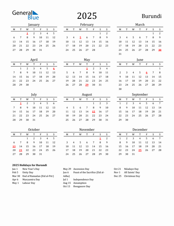 Burundi Holidays Calendar for 2025