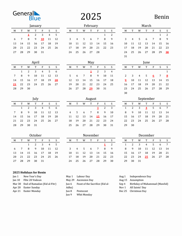 Benin Holidays Calendar for 2025