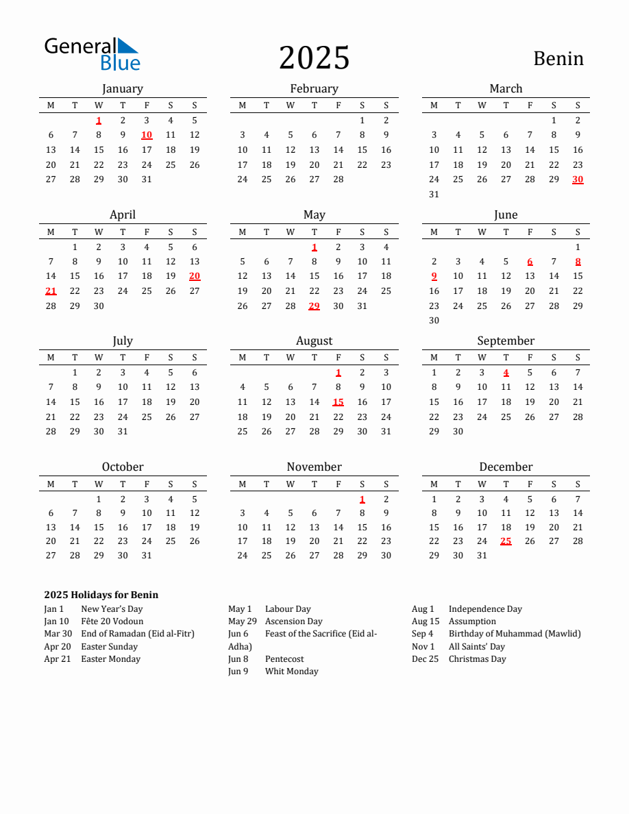 Free Benin Holidays Calendar for Year 2025