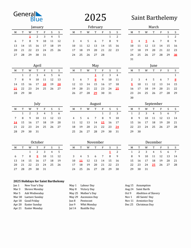 Saint Barthelemy Holidays Calendar for 2025