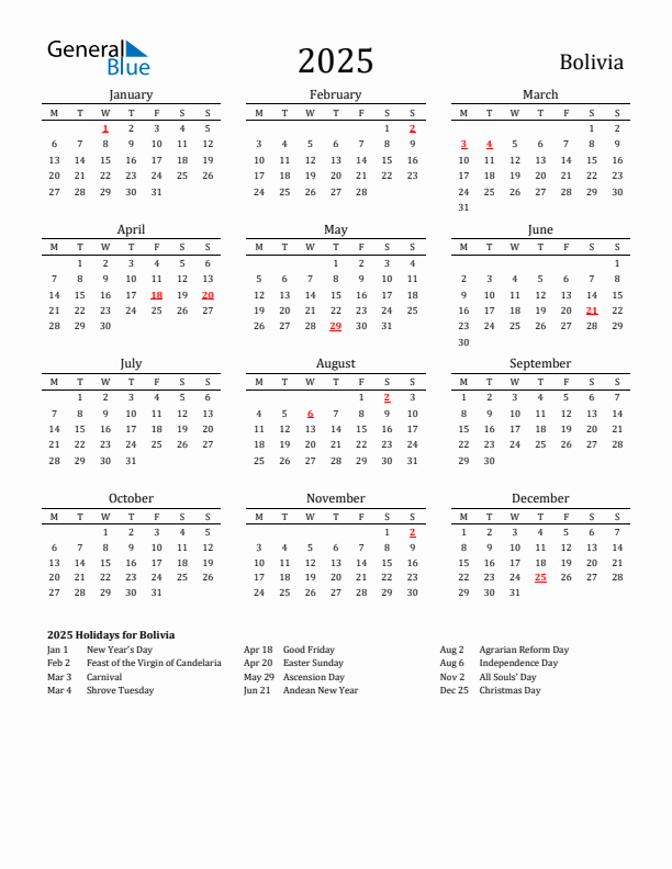 Bolivia Holidays Calendar for 2025