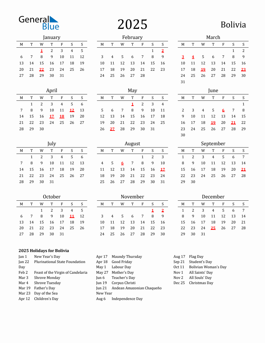 Free Bolivia Holidays Calendar for Year 2025