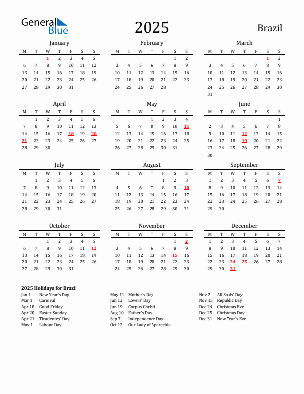 Brazil Holidays Calendar for 2025