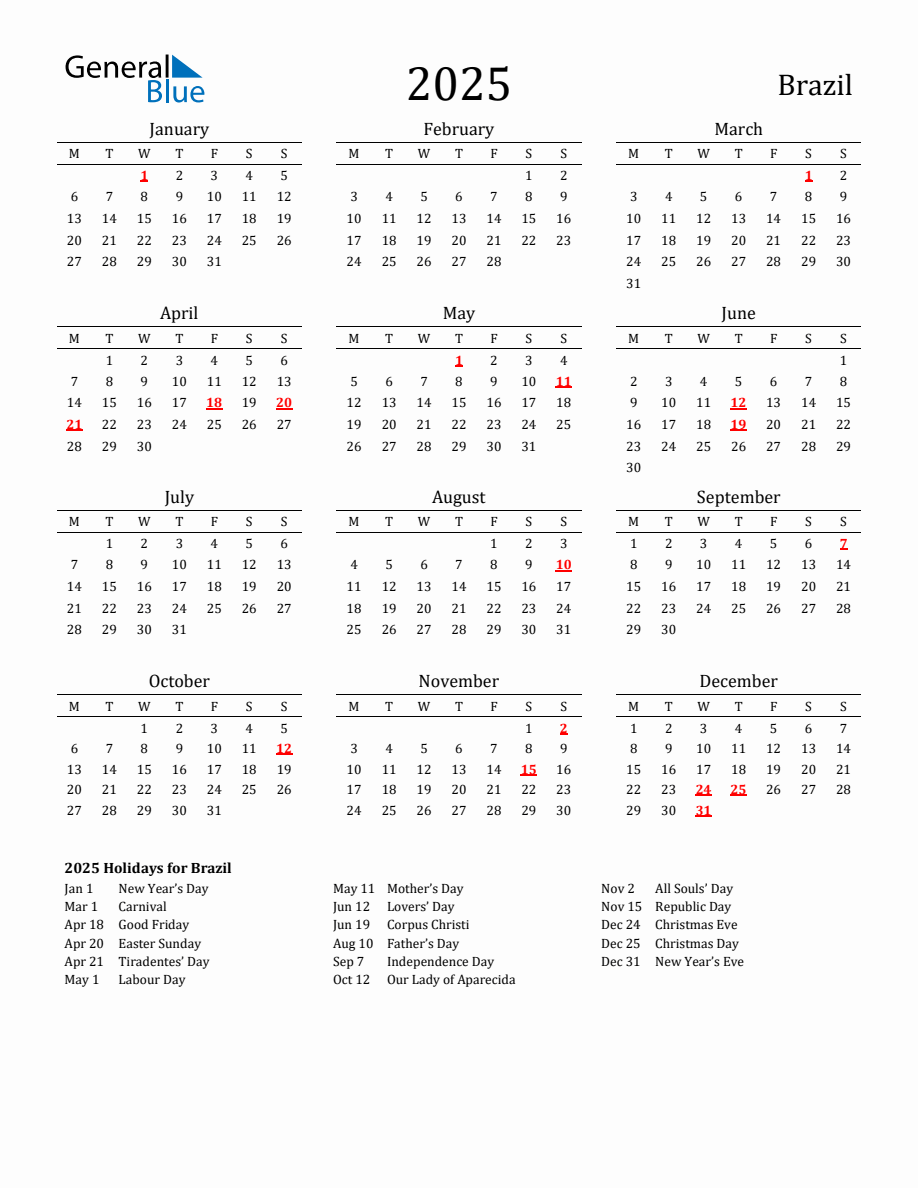 Free Brazil Holidays Calendar for Year 2025