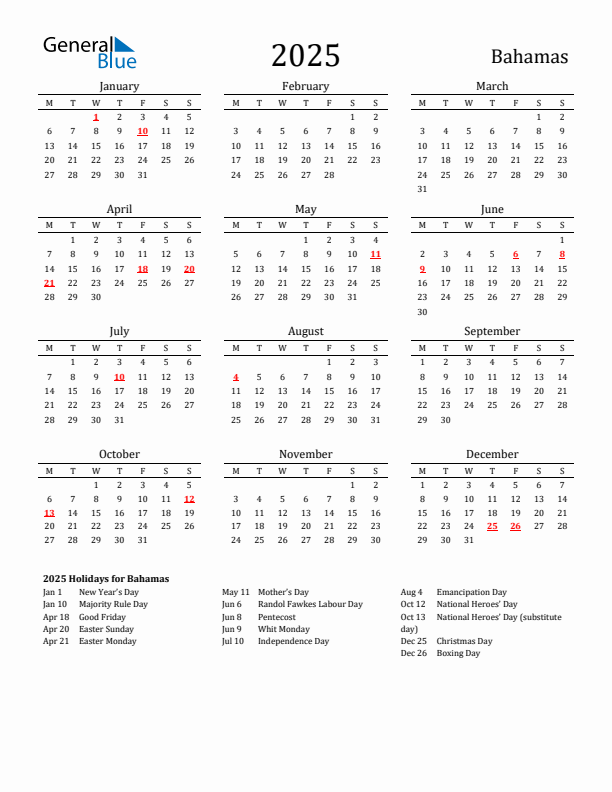 Bahamas Holidays Calendar for 2025