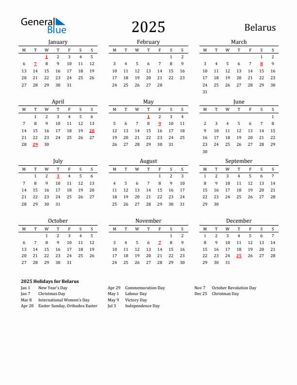 Belarus Holidays Calendar for 2025
