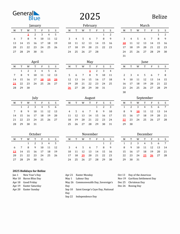 Belize Holidays Calendar for 2025