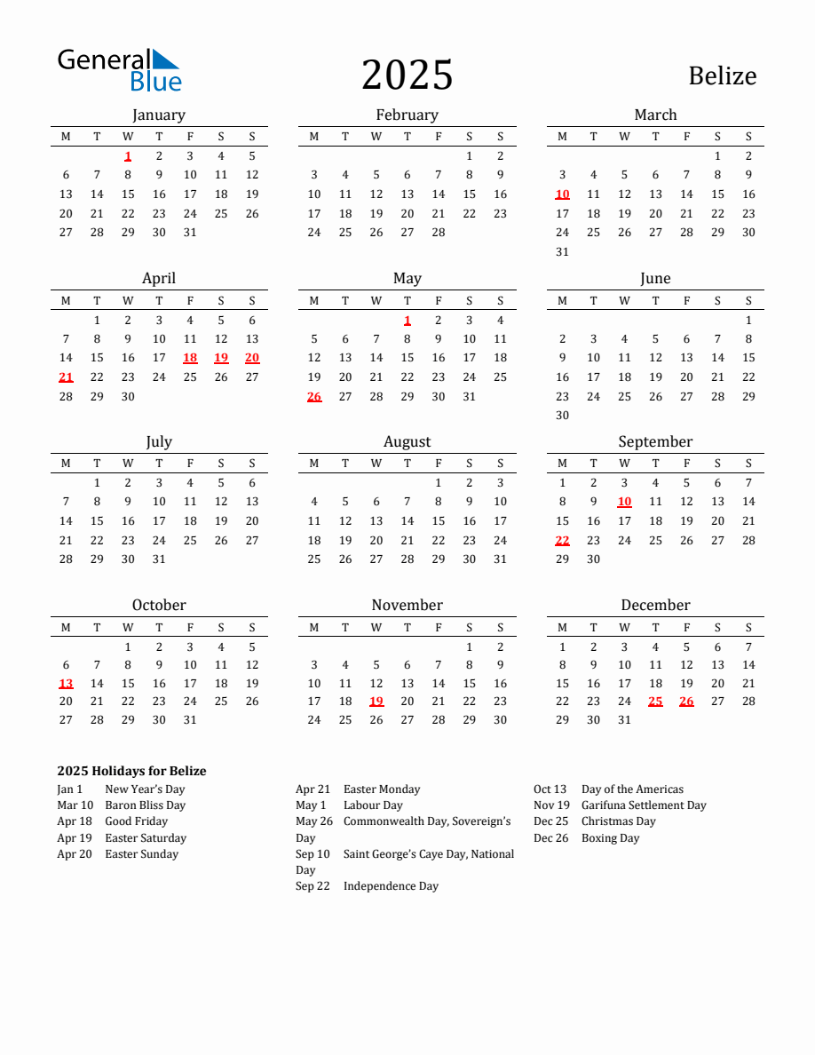 Free Belize Holidays Calendar for Year 2025