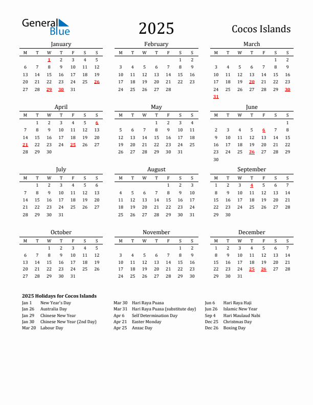 Cocos Islands Holidays Calendar for 2025