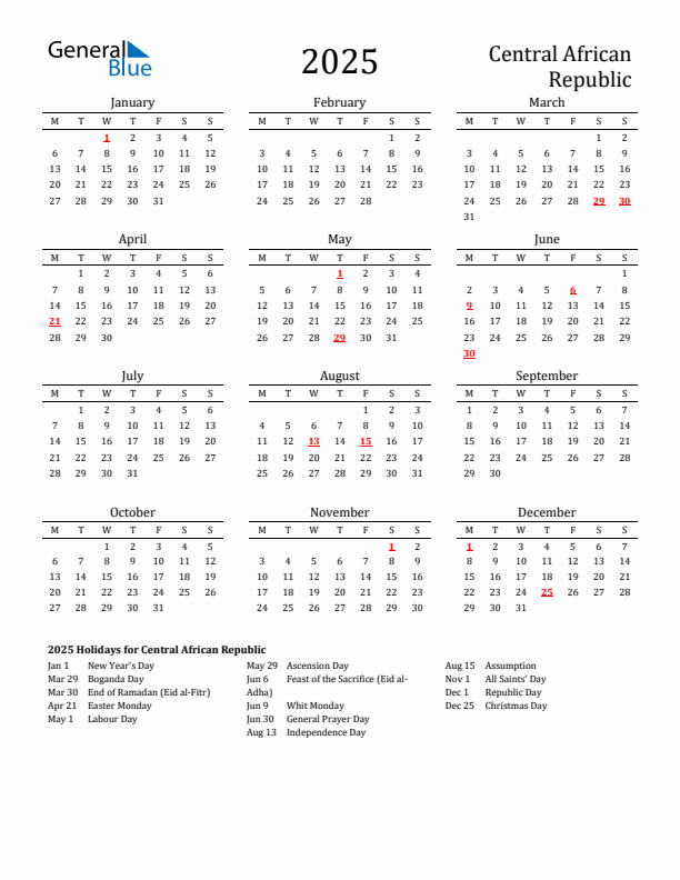 Central African Republic Holidays Calendar for 2025