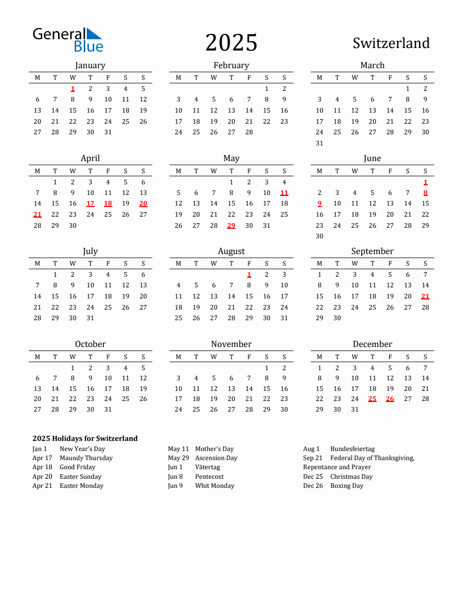 Free Switzerland Holidays Calendar for Year 2025