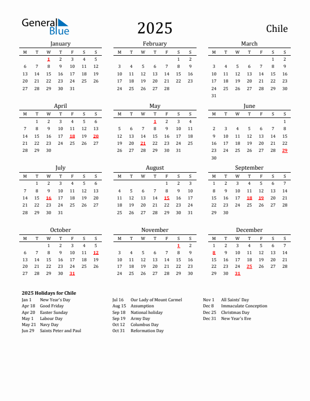 Chile Holidays Calendar for 2025