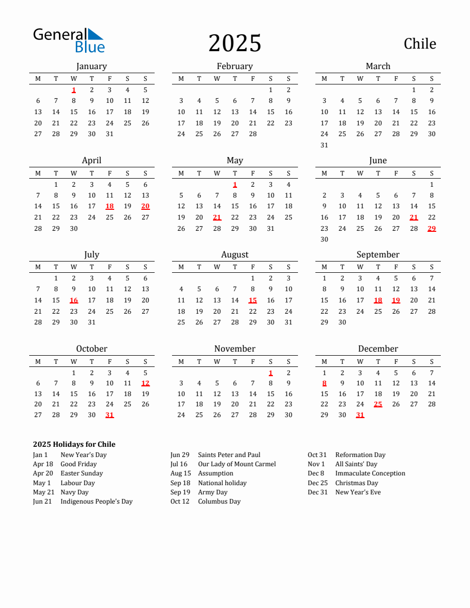 Free Chile Holidays Calendar for Year 2025