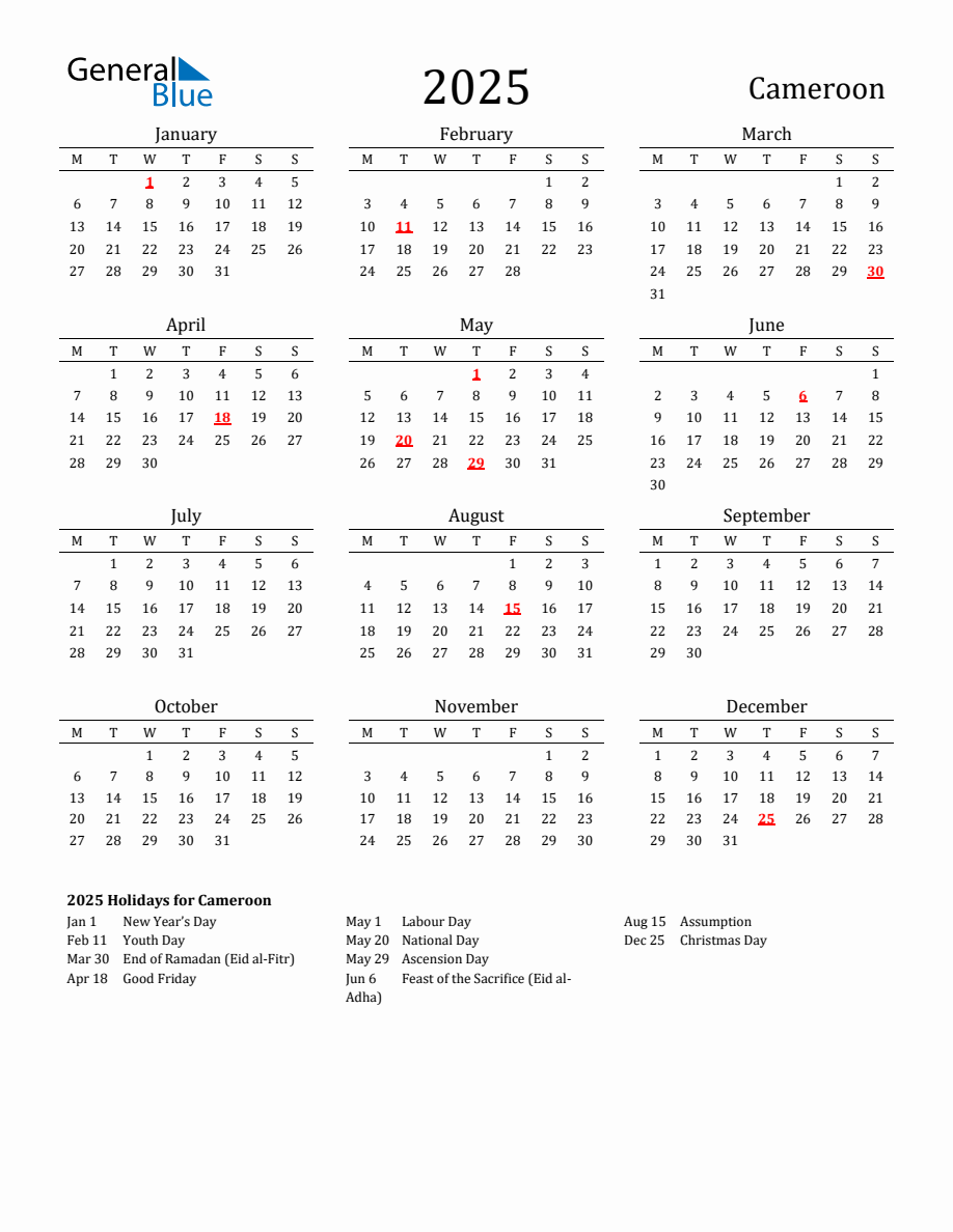 Free Cameroon Holidays Calendar for Year 2025