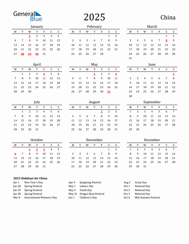 2025 Holiday Calendar for China Monday Start