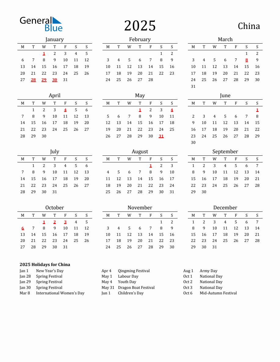 Free China Holidays Calendar for Year 2025