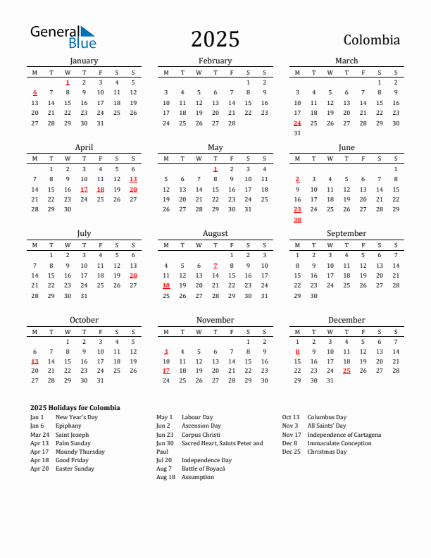 Colombia Holidays Calendar for 2025