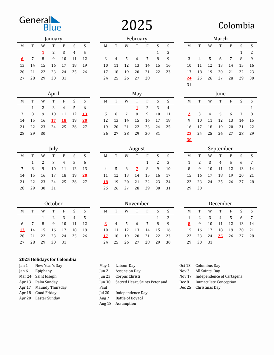 Free Colombia Holidays Calendar for Year 2025