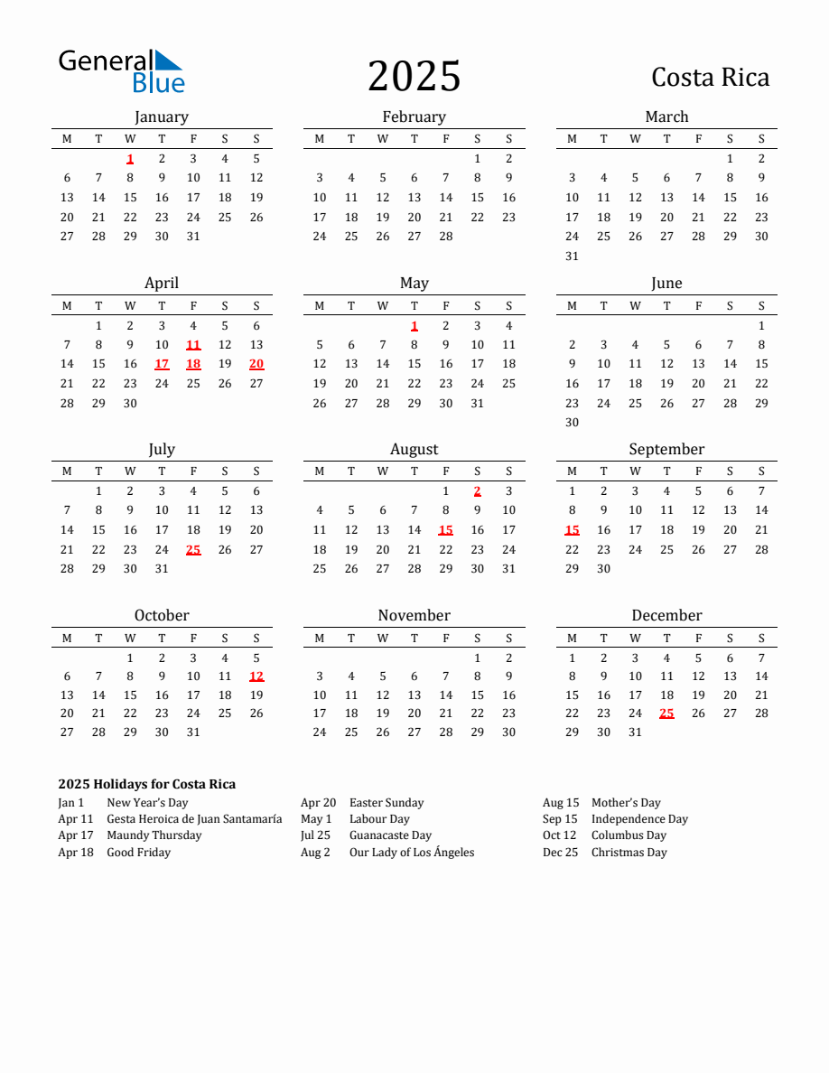 Free Costa Rica Holidays Calendar for Year 2025