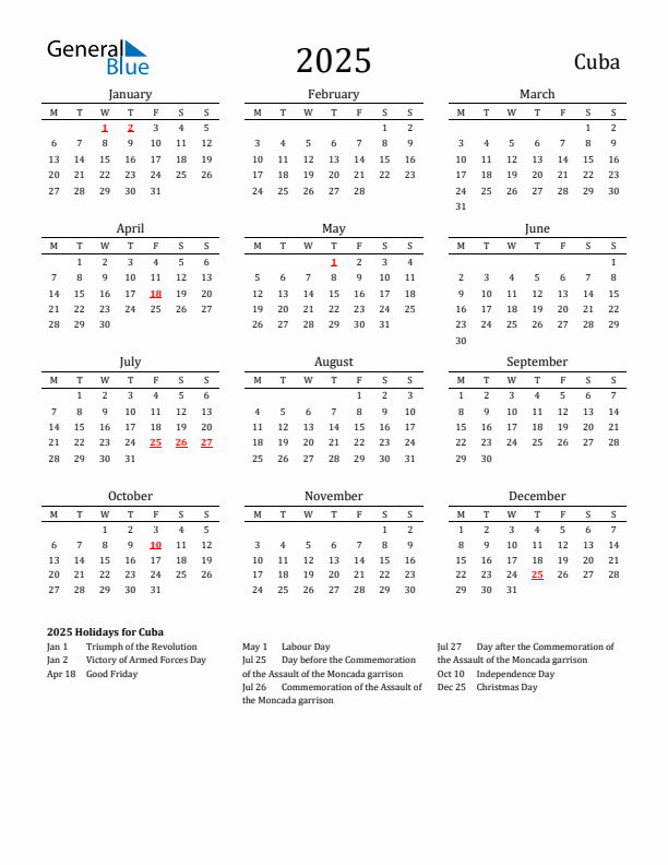 Cuba Holidays Calendar for 2025