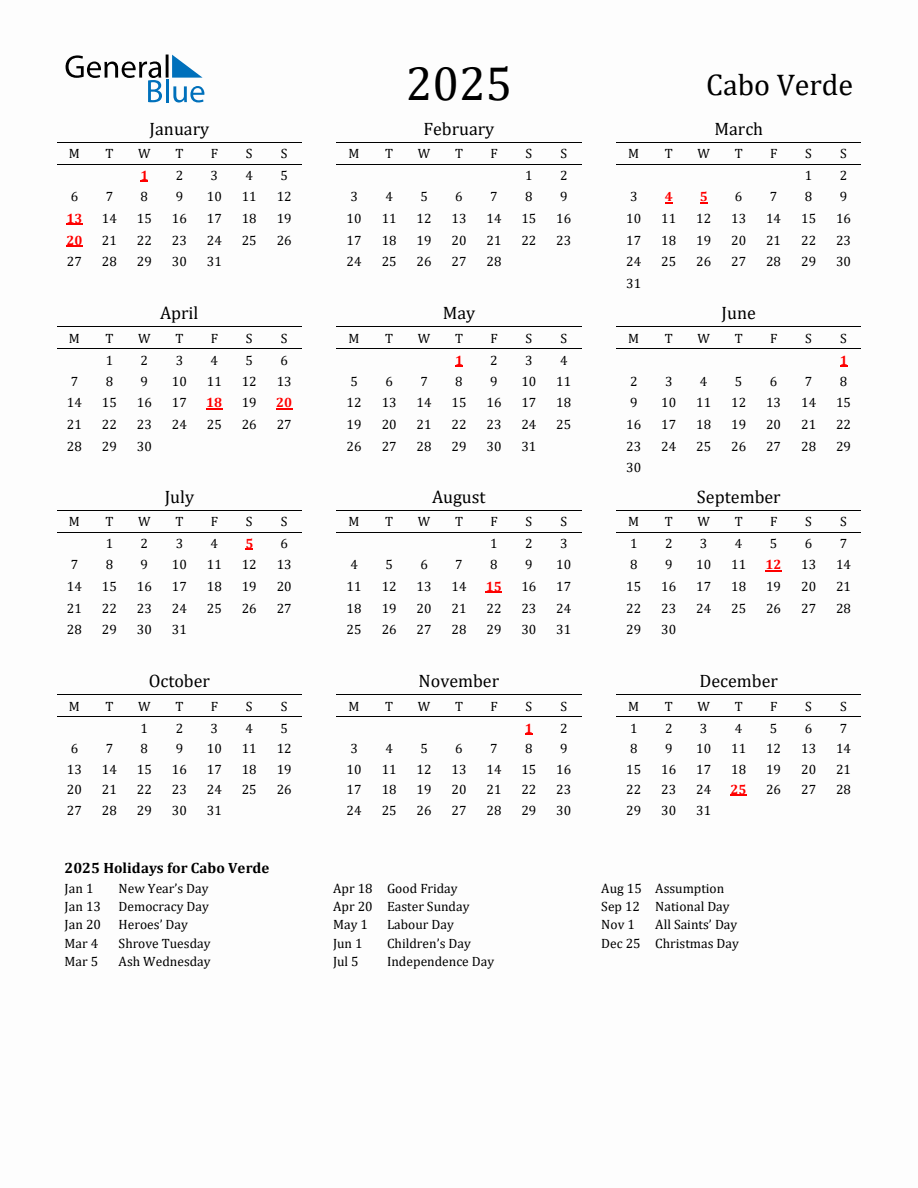 Free Cabo Verde Holidays Calendar for Year 2025
