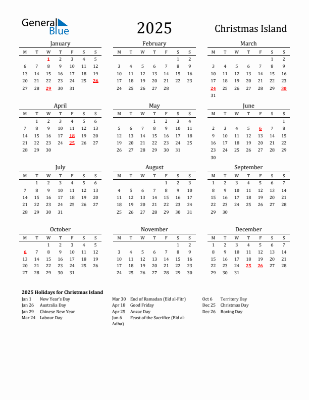 Christmas Island Holidays Calendar for 2025