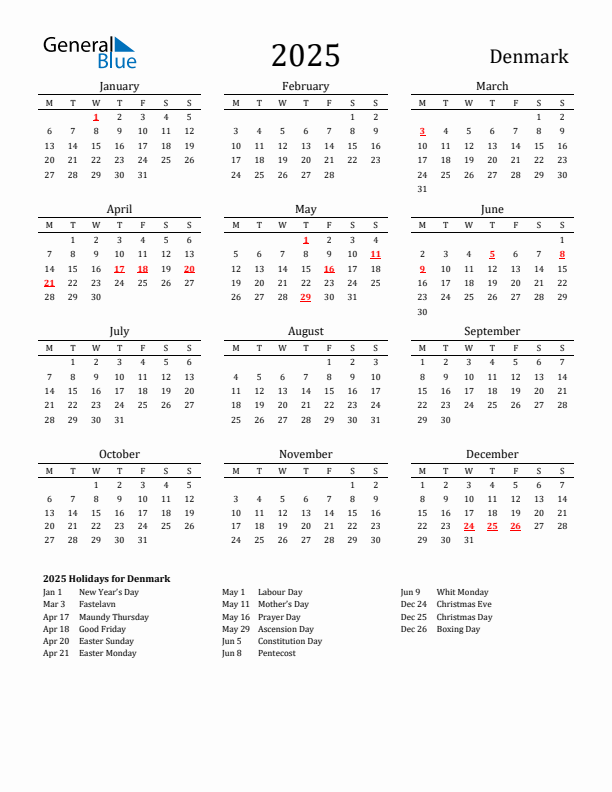 Denmark Holidays Calendar for 2025
