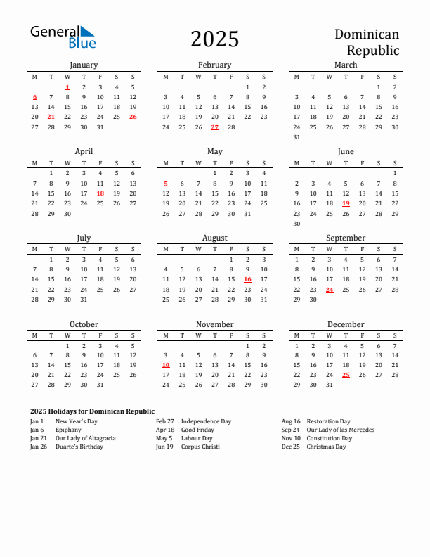 Dominican Republic Holidays Calendar for 2025