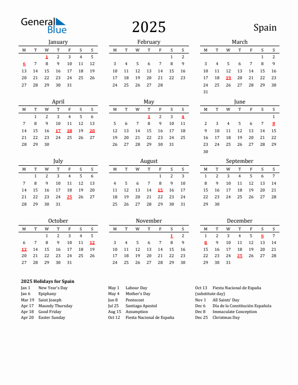 Spain Holidays Calendar for 2025