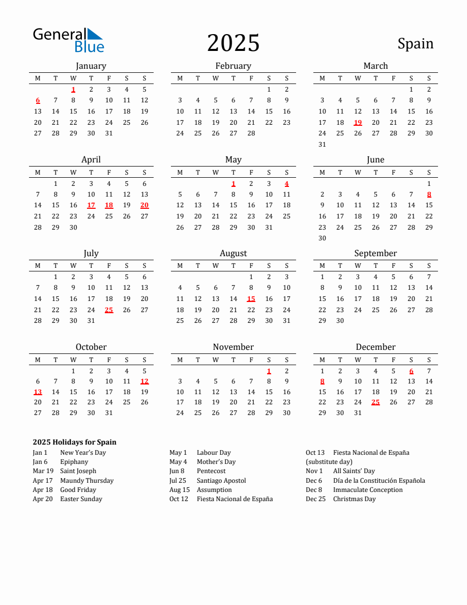 Free Spain Holidays Calendar for Year 2025