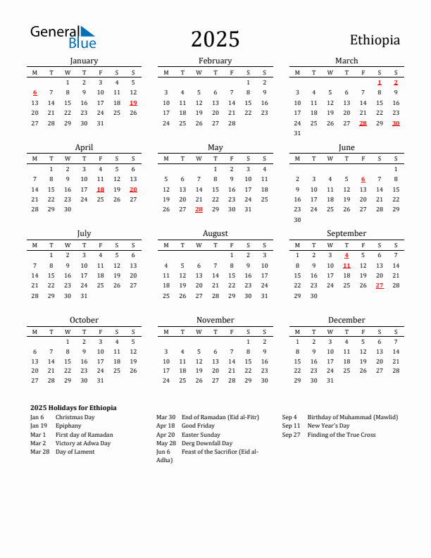 Ethiopia Holidays Calendar for 2025