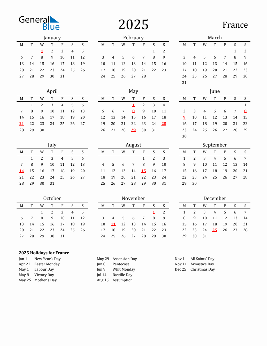 Free France Holidays Calendar for Year 2025