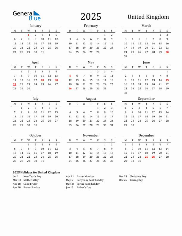 United Kingdom Holidays Calendar for 2025